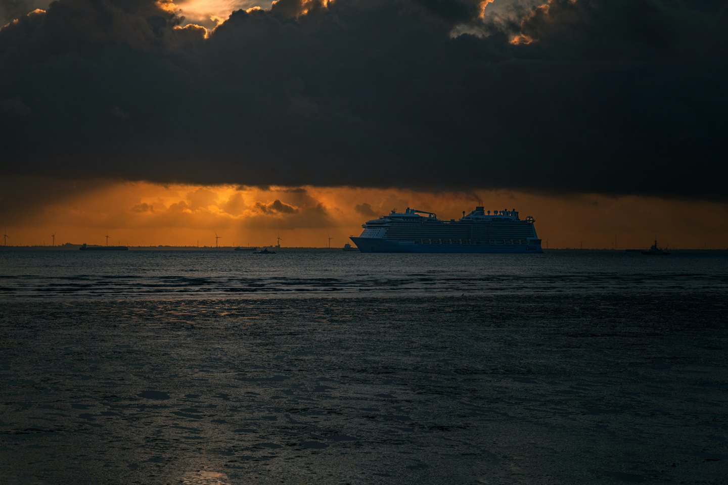 A large cruise ship sails across water near distant wind turbines.